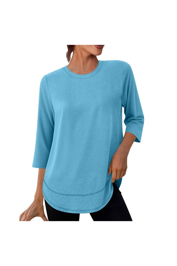 Black_Friday,Cyber/Monday Womens Workout Tops 3/4 Sleeve V Neck Shirts with Sun Protection Trendy Spring Summer Tees Tunic Blouses Light Blue S