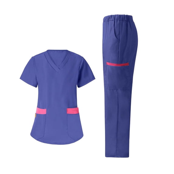 mihongmao Black Scrubs Sets for Women Cozy Fit 4-Way Stretch Cotton Jogger Nursing Medical Uniform Long Pants Sets Short Sleeve V-neck Casual Suit Sets Purple L