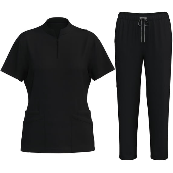 mihongmao Black Wide Leg Scrubs for Women Cozy Fit Plus Size 4-Way Stretch Cotton Nursing Uniform Pocket with Elastic Waist Long Pants Dry Cleaning Nurse Set Suit Black XL