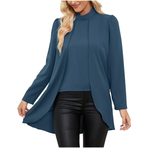 mihongmao Blouses for Women Dressy Casual Women's Solid Color Long Sleeve Small Stand Collar Fake Two-piece Shirt Long Sleeve Solid Color Top,Womens Tops under $5 Navy XL