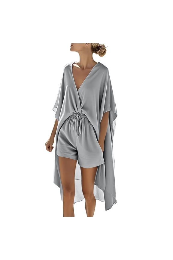Business Casual Outfits Fall Women 2 Piece Outfits Cloud Fabric V Neck Batwing Sleeve Irregular Hem Cover Up Top with Drawstring Waist Pocket Shorts Summer Beach Loungewear Set Gray L