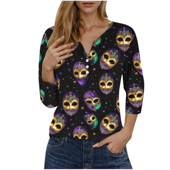 mihongmao Carnival Shirts Women Fashion Printed 3/4 Sleeve Blouse V Neck Casual Buttons Multicolor 2X