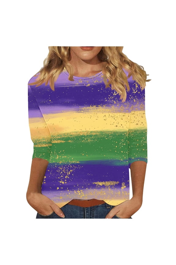Carnival Shirts Women Ladies' Casual Carnival Printed Round Neck Three Quarter Sleeve 3/4 Sleeve T-shirt Loose Top Purple XL