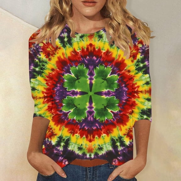 mihongmao Carnival Shirts Women Ladies' Casual St. Patrick's Day Printed Round Neck Three Quarter Sleeved T-shirt Loose Top Green 3X