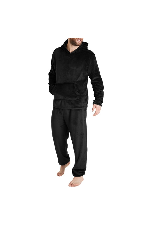 Casual Outfits for Men Long Sleeved Long Pants Warm Suit Solid Color Casual Flannel Hooded Sweatshirt Long Pants Men's Long Sleeved Hooded Suit Black 2X