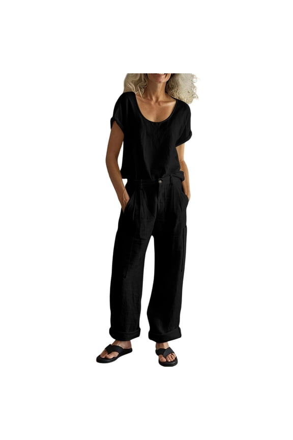 Church Outfits for Women Pilates Sets Women's Spring and Summer Casual Round-Neck Short Sleeved Top Work Pants and Solid- Suit Black 2X