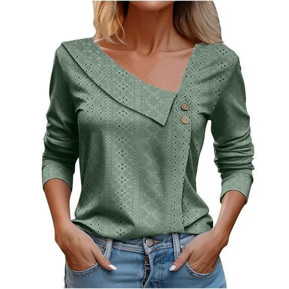 mihongmao Women's Loose Summer Casual Solid Color V-neck Long Sleeved Shirt Top,Sexy Tops for Women Army Green M