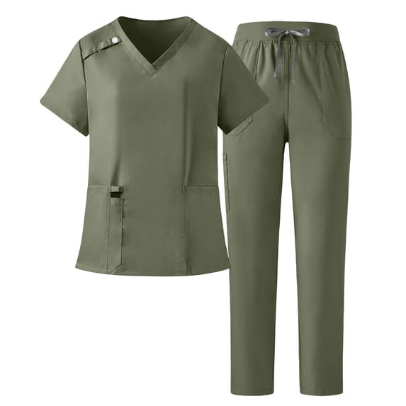 mihongmao Cotton Scrubs for Women Black Cozy Fit Wide Leg 4 Way Stretch Nursing Clinic Uniform Short Sleeve Nurse Workwear Separate Set Suit with Pocket Army Green L