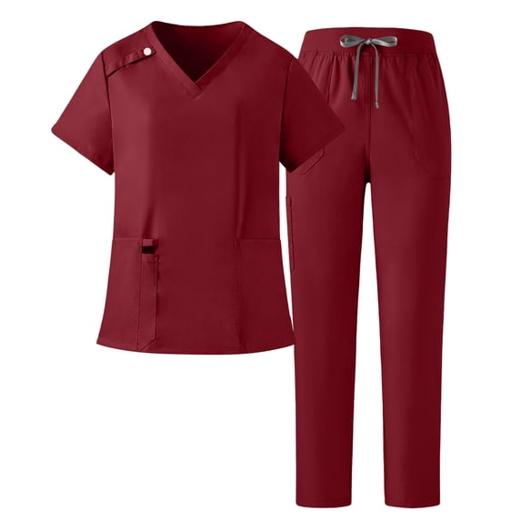 mihongmao Cotton Scrubs for Women Black Cozy Fit Wide Leg 4 Way Stretch Nursing Clinic Uniform Short Sleeve Nurse Workwear Separate Set Suit with Pocket Wine L
