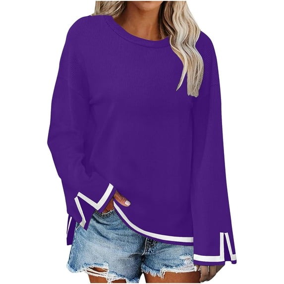 mihongmao Crop Tops for Women Trendy Women's Casual Loose Color Matching Round Neck Long Sleeved T-Shirt Loose Top Long Sleeved Round Neck Top/shirt,Womens Tops under $5 Purple M