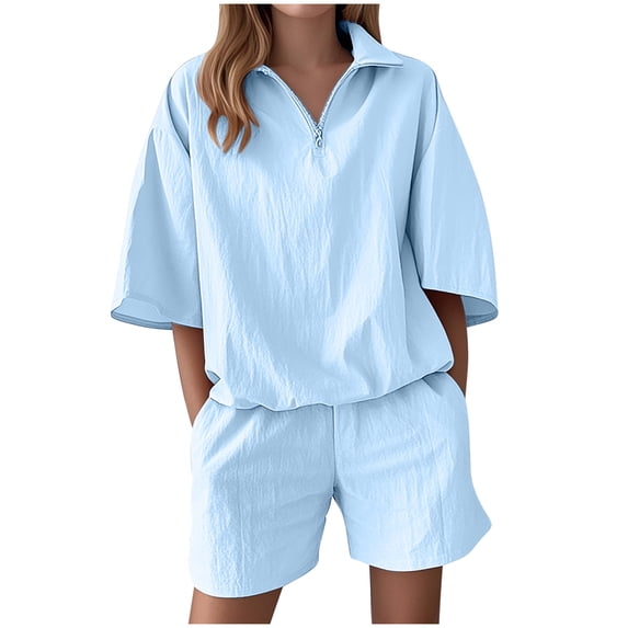 mihongmao Cruise Outfits for Women Beach Outfits Women's Summer Casual Solid Color Short Sleeved Shorts Two-piece Set Sky Blue M