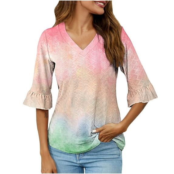mihongmao Cute Tops for Teen Girls Women's Fashion Split Flare Sleeves V-Neck Casual Loose T-Shirt Top,Tops for Women Pink S