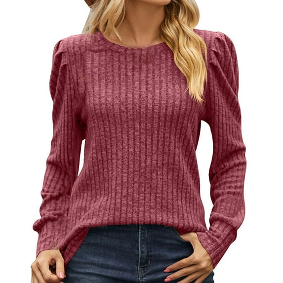 mihongmao Deals of the Day Clearance! Womens Tops Long Sleeve Clearance Women's Long Sleeve Casual Round Neck Loose Pollover Shirt Tops Biouse,Deals Watermelon Red S