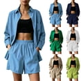 thumbnail image 1 of mihongmao Fall Outfit for Ladies Workout Sweatsuit 2 Piece Women's Fashion Plus-Size Loose Casual -Breasted Long-Sleeve Solid Color Top with Pocket Shorts Set Blue 3X, 1 of 5