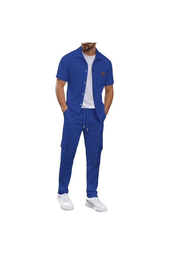 Fall Outfits for Men 2026 Vacation Sets Man Short Sleeve Lapel Button Up Cardigan Shirt Workwear Pants Set Blue S