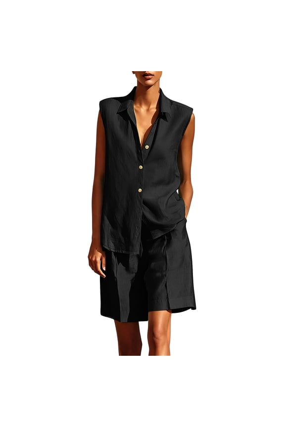 Funeral Outfit Formal 2 Piece Sets Women's Summer Casual Set with Collar Button Sleeveless Shirt and Wide Leg Shorts Set Two Piece Set Black L