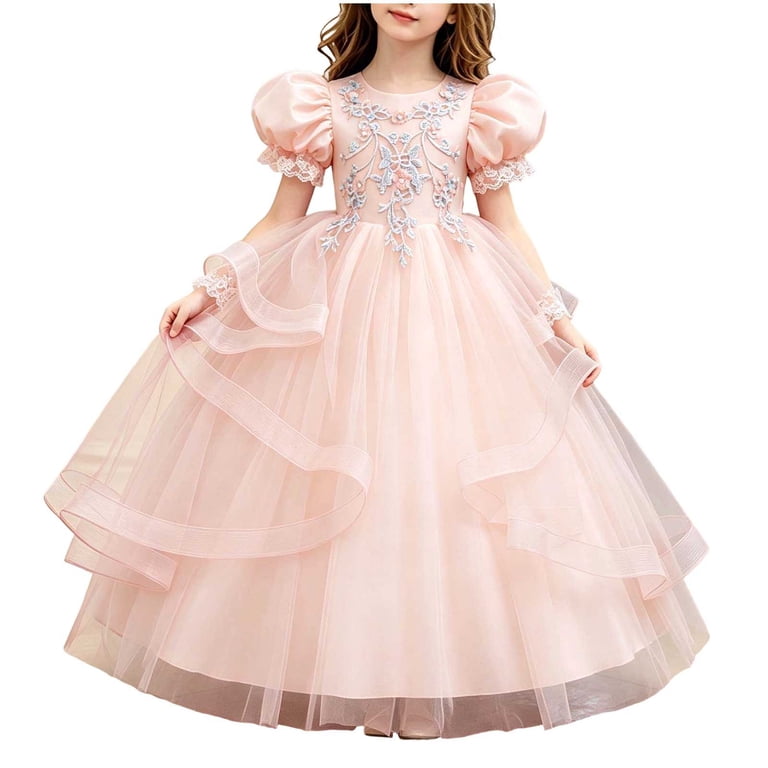 Mihongmao Graduation Dress for Girls Flowy Summer Short Sleeves Crew Neck Waist Cinching Dress Formal Kids Pink 5-6Years, Girl's