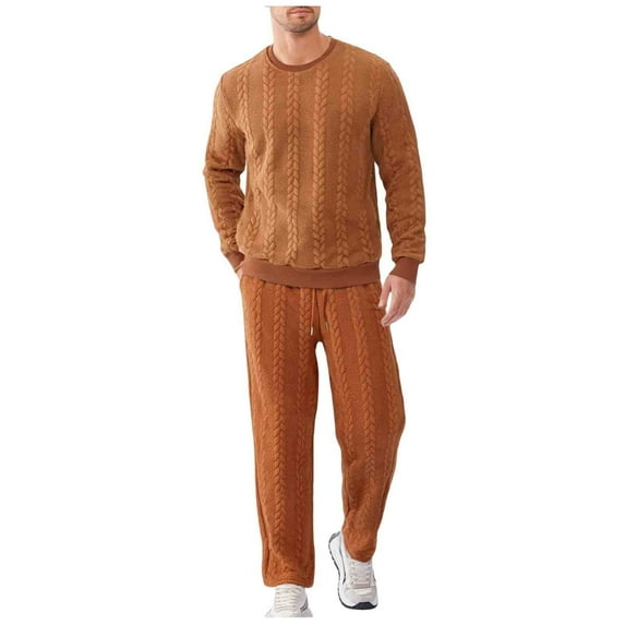 mihongmao Holiday Outfits for Men Solid-Color Casual Loose Sporty Knit Drawstring Pocket Long Pants and Long Sleeve Round Neck Top Two-Piece Set Orange S