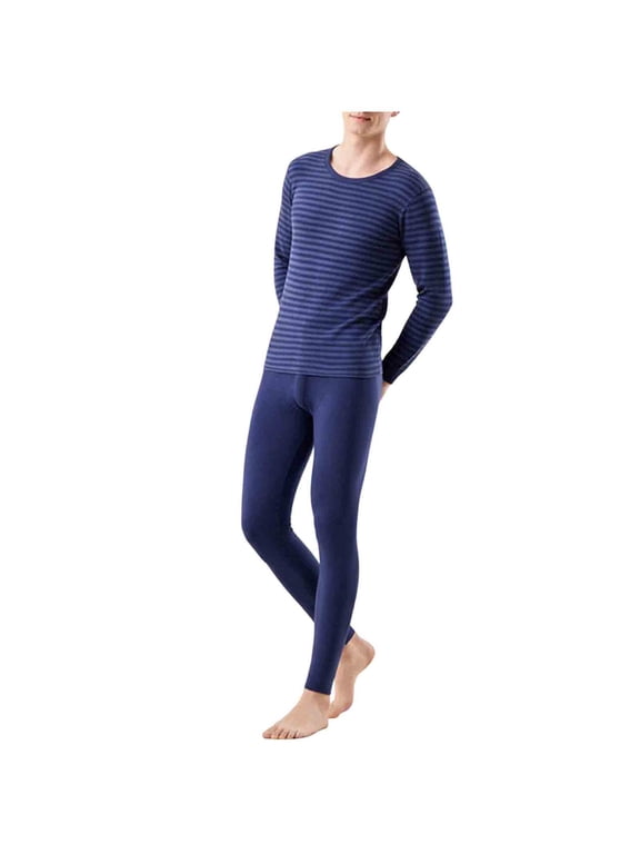 Holiday Outfits for Men Casual Striped Double-Face Thermo-Fleece Thickened Thermal Base Long Sleeve Round Neck Top and Bottom Set Navy XL