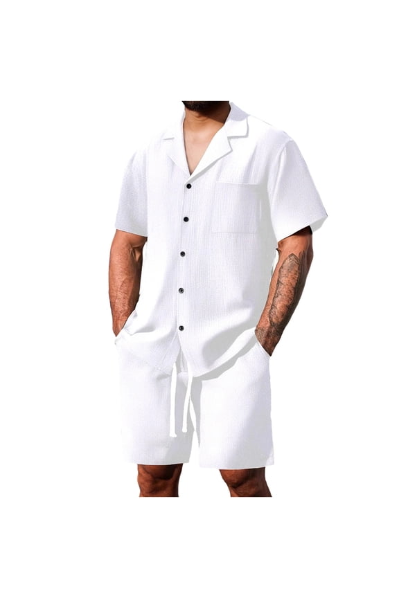 Holiday Outfits for Men Solid Color Sport Casual Fashion Short Pants Pocket Short Sleeve Round Neck Set White 2X