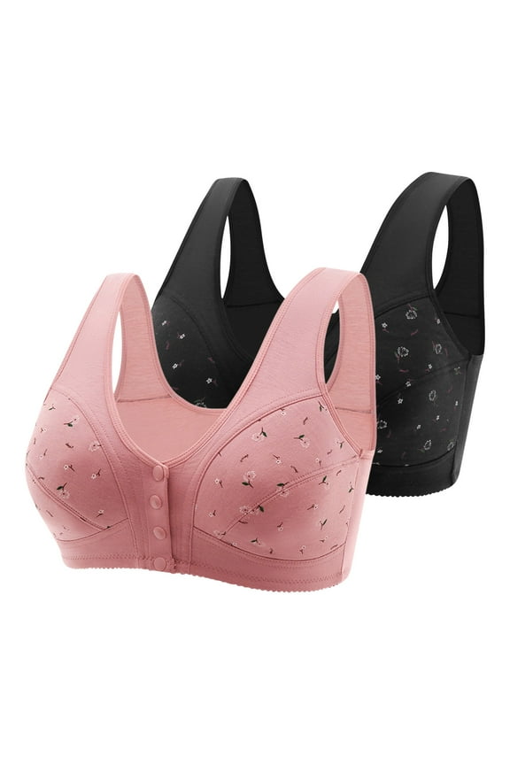 Jelly Bra Binder Bra 2PC Women Sexy Middle-Aged and Elderly Printed Front Buckle without Steel Ring Underwear Soft Cotton Large Size Underwear Bra Black 6X
