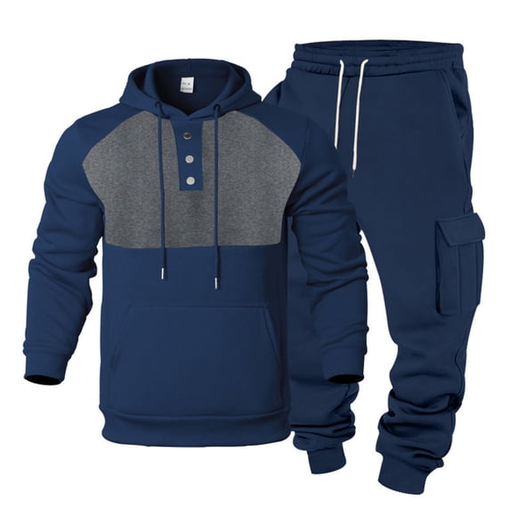 mihongmao Jogger Sets for Men 2 Piece Men Casual Pullover Hooded Sports Solid Long Sleeve Trousers Two-Piece Elastic Waist Tracksuit Navy S