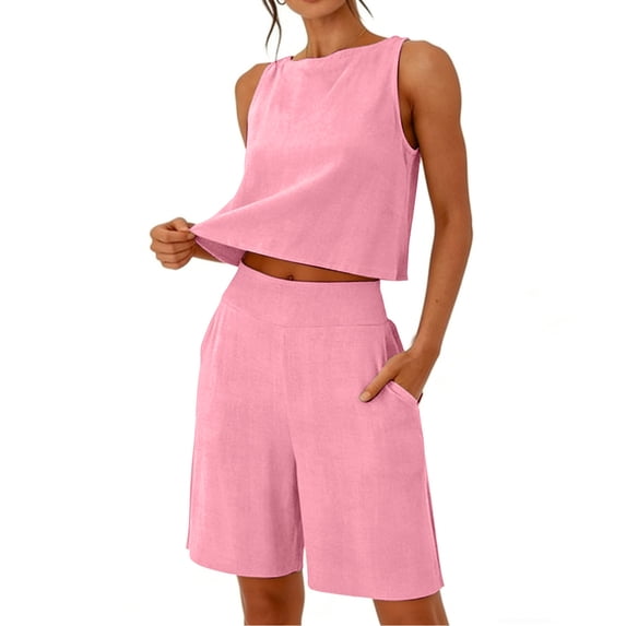 mihongmao Ladies Beach Outfits 2 Piece Sets 2-piece Fashion Women's Sleeveless Top and Loose Pocket Pants Set Pink XL