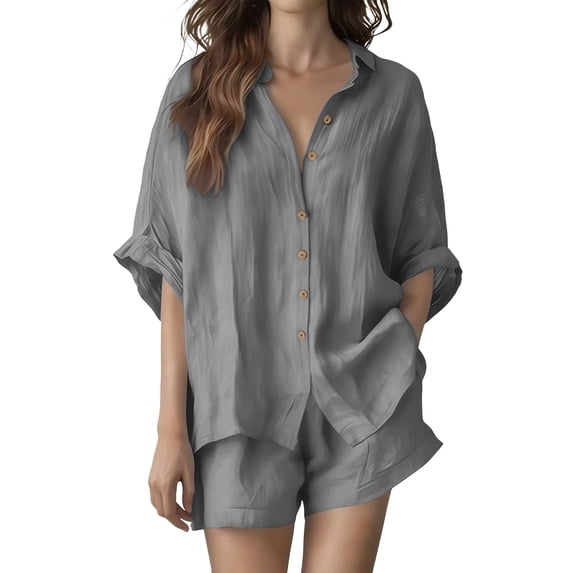 mihongmao Linen Short Outfits 2 Piece Beach Sets Women's Short Sleeved Shirt and Shorts Set with Collar Linen. Gray 3X