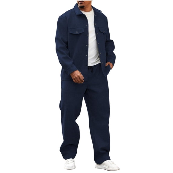 mihongmao Lounge Sets for Men Solid Color Sports Pants Button Pocket Long Sleeve Collar Set Navy 3X