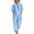 thumbnail image 1 of mihongmao Luau Outfits for Women Holiday Party Sets Women's Summer and Linen Set Casual V-neck Top+wide Leg Pants Set Two-piece Set Light Blue 3X, 1 of 8