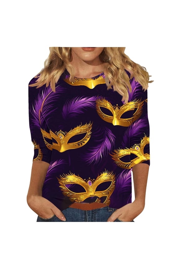 Mardi Gras 3/4 Sleeve Tops for Women Ladies' Casual Carnival Printed Round Neck Three Quarter Sleeve 3/4 Sleeve T-shirt Loose Top Purple 2X