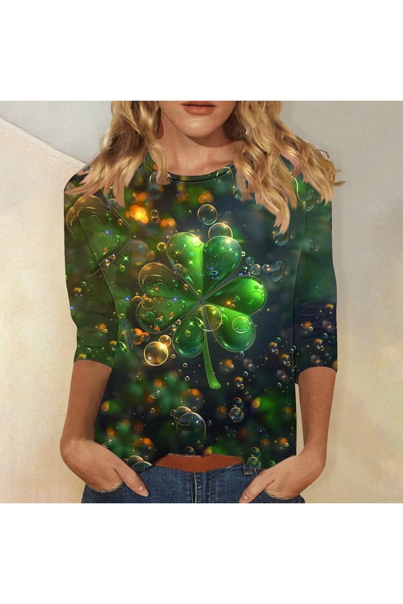 Mardi Gras 3/4 Sleeve Tops for Women Ladies' Casual St. Patrick's Day Printed Round Neck Three Quarter Sleeved T-shirt Loose Top Green 4X