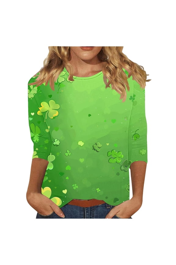 Mardi Gras 3/4 Sleeve Tops for Women Ladies' Casual St. Patrick's Day Printed Round Neck Three Quarter Sleeved T-shirt Loose Top Green XL