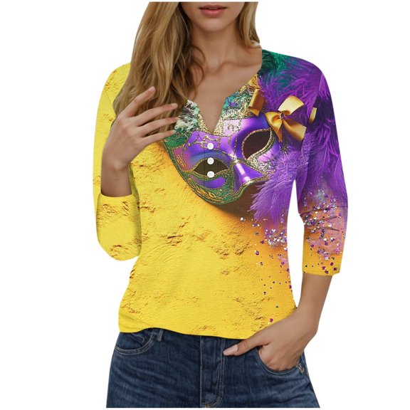 mihongmao Mardi Gras Beads & Crown Shirt Women Fashion Printed 3/4 Sleeve Blouse V Neck Casual Buttons Multicolor 2X