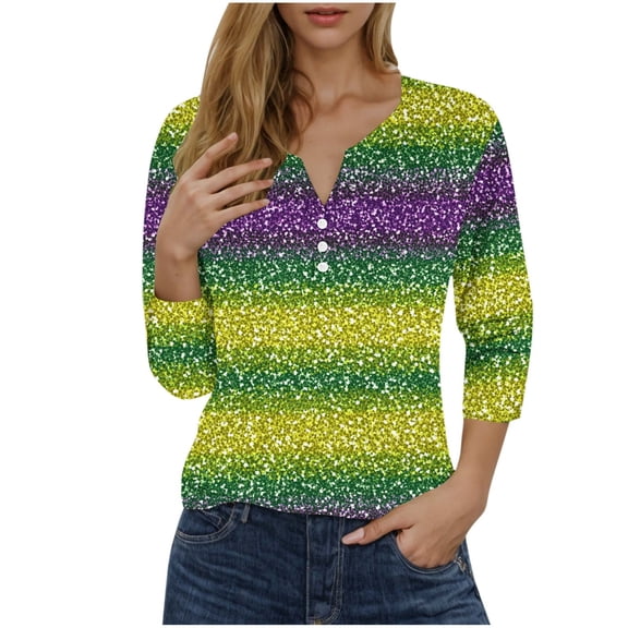 mihongmao Mardi Gras Fleur-De-Lis Shirt for Women Fashion Printed 3/4 Sleeve Blouse V Neck Casual Buttons Multicolor M