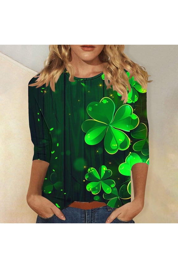 Mardi Gras Henley Shirts for Women Ladies' Casual St. Patrick's Day Printed Round Neck Three Quarter Sleeved T-shirt Loose Top Green L