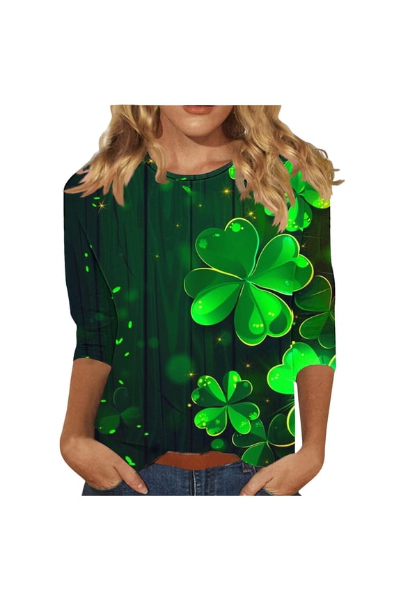 Mardi Gras Henley Shirts for Women Ladies' Casual St. Patrick's Day Printed Round Neck Three Quarter Sleeved T-shirt Loose Top Green XL