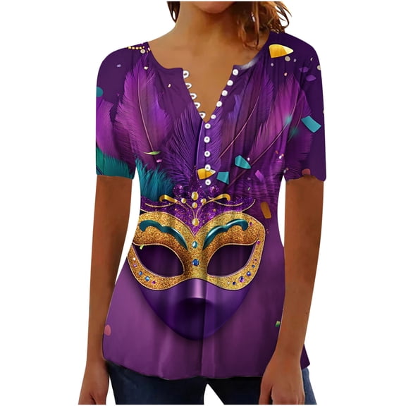 mihongmao Mardi Gras Oversized Tshirts for Women Carnival Printed Short Sleeved with V-neck Button Pleats Multicolor L