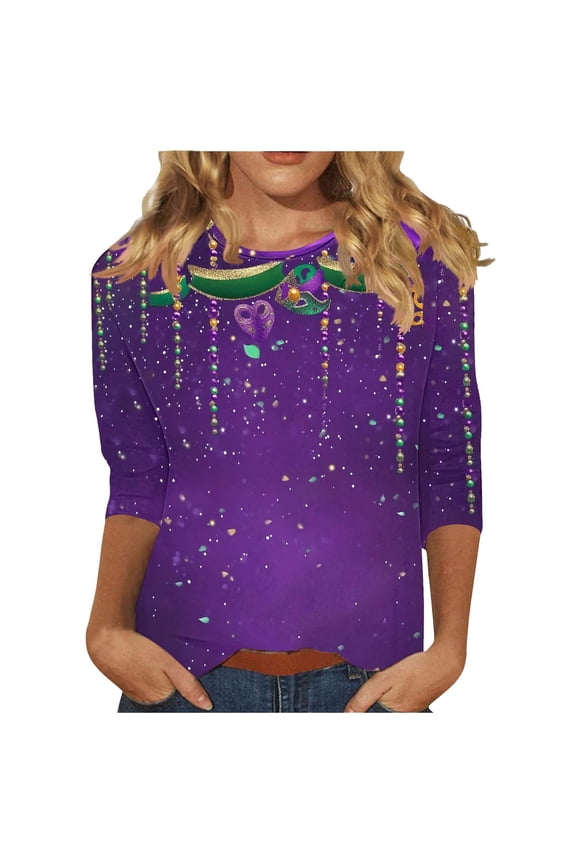 Mardi Gras Shirts for Women Ladies' Casual Carnival Printed Round Neck Three Quarter Sleeve 3/4 Sleeve T-shirt Loose Top Purple 5X
