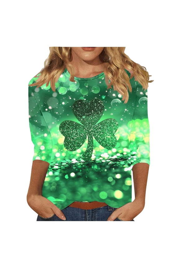 Mardi Gras Shirts for Women Ladies' Casual St. Patrick's Day Printed Round Neck Three Quarter Sleeved T-shirt Loose Top Green S
