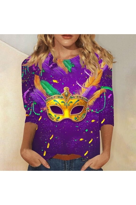 Mardi Gras Short Sleeve Shirts for Women Ladies' Casual Carnival Printed Round Neck Three Quarter Sleeve 3/4 Sleeve T-shirt Loose Top Purple S