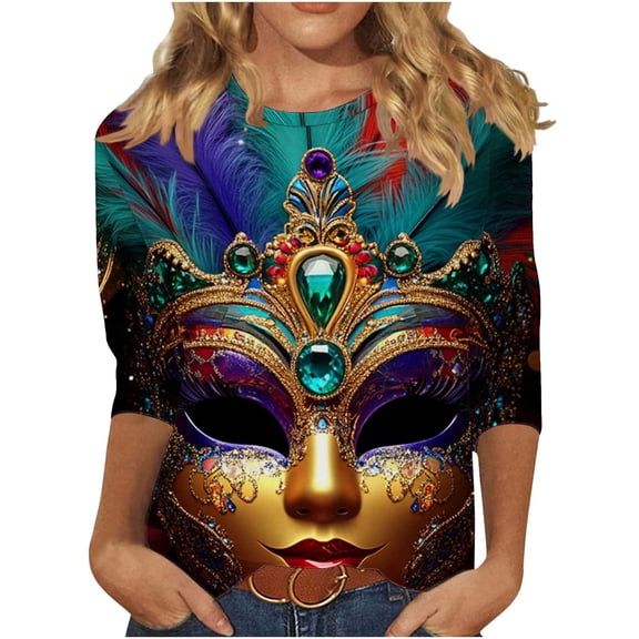 mihongmao Mardi Gras Short Sleeve Shirts for Women 3/4 Sleeve Crew Neck Carnival Casual Print Pullover T-Shirt Multicolor XL
