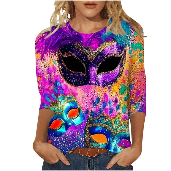 mihongmao Mardi Gras Short Sleeve Shirts for Women Fashion Carnival Printed T-shirt 3/4 Sleeves Blouse Round Neck Casual Top Hot Pink 3X