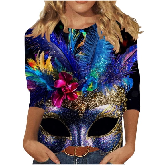 mihongmao Mardi Gras T Shirts for Women 3/4 Sleeve Crew Neck Carnival Casual Print Pullover T-Shirt Multicolor 5X