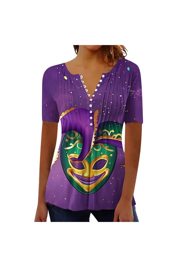 Mardi Gras Womens Flannel Shirt Women's Carnival Printed Short Sleeved with V-neck Button Pleats Multicolor 3X