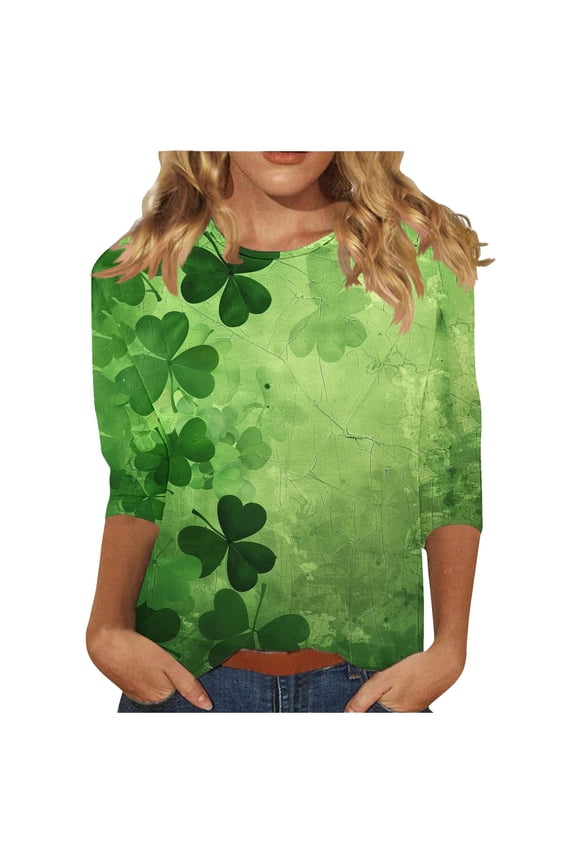 Mardi Gras Womens Shirts Ladies' Casual St. Patrick's Day Printed Round Neck Three Quarter Sleeved T-shirt Loose Top Green 5X