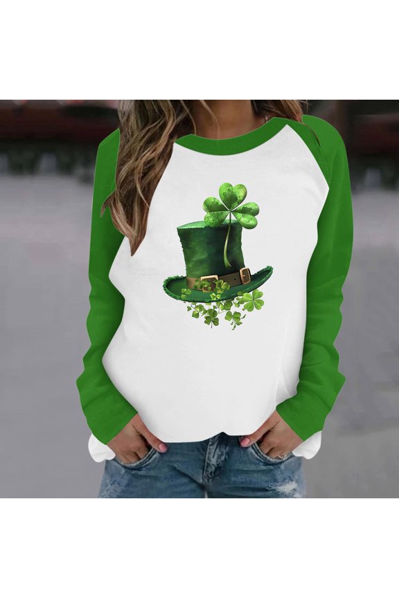 Mardi Gras Womens Short Sleeve T Shirts Women's Casual St. Patrick's Day Printed Long Sleeved Round Neck Shoulder Sweatshirt Green 5X