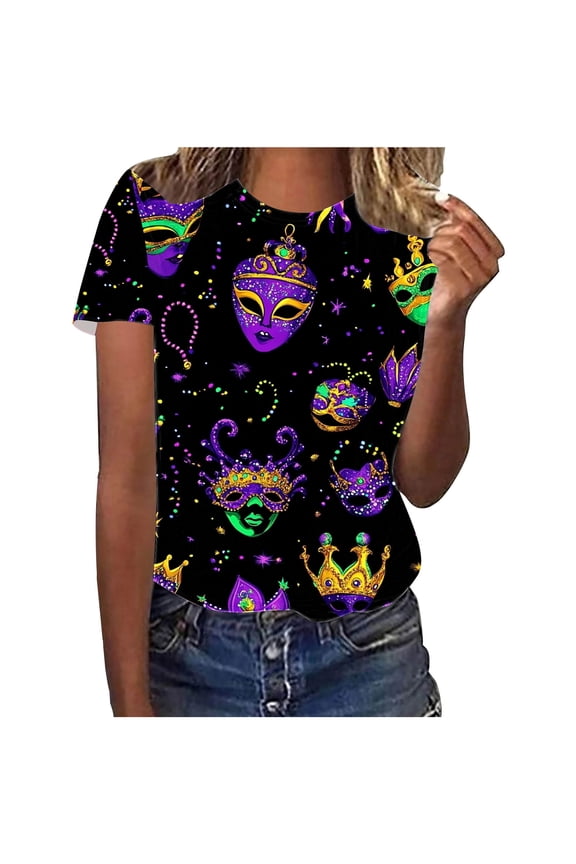 Mardi Gras Womens Short Sleeve T Shirts Women's Round Neck Print Casual Print Short Sleeved Short Sleeved Round Neck Top/shirt Multicolor 5X