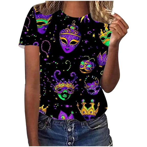 mihongmao Mardi Gras Womens Short Sleeve T Shirts Women's Round Neck Print Casual Print Short Sleeved Short Sleeved Round Neck Top/shirt Multicolor L