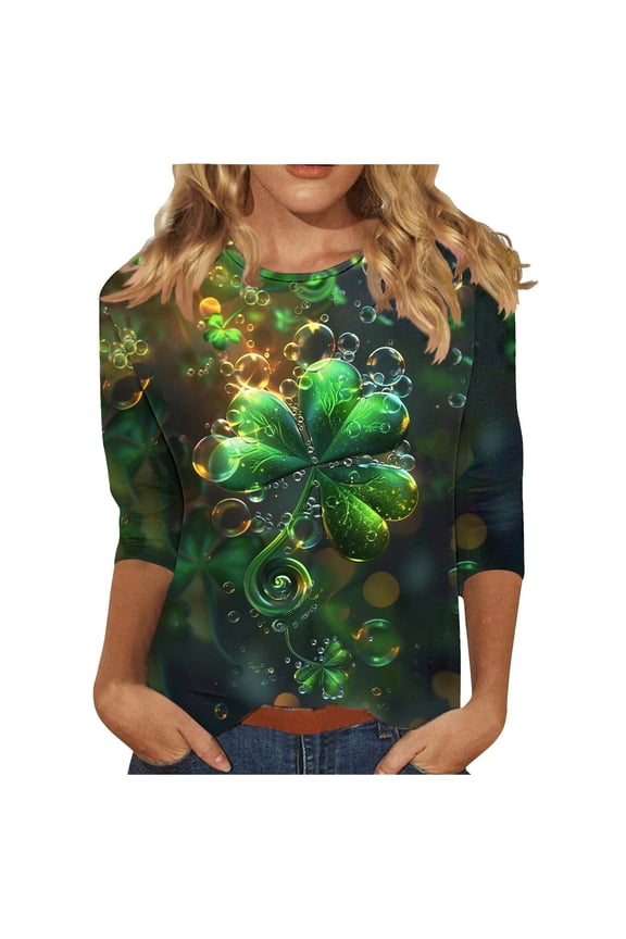Mardi Gras Womens T Shirts Ladies' Casual St. Patrick's Day Printed Round Neck Three Quarter Sleeved T-shirt Loose Top Green 2X